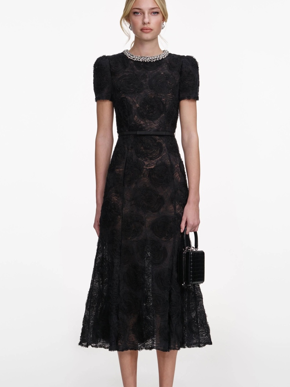NWOT Self-Portrait Black Tulle Lace Midi Dress, Size US 6